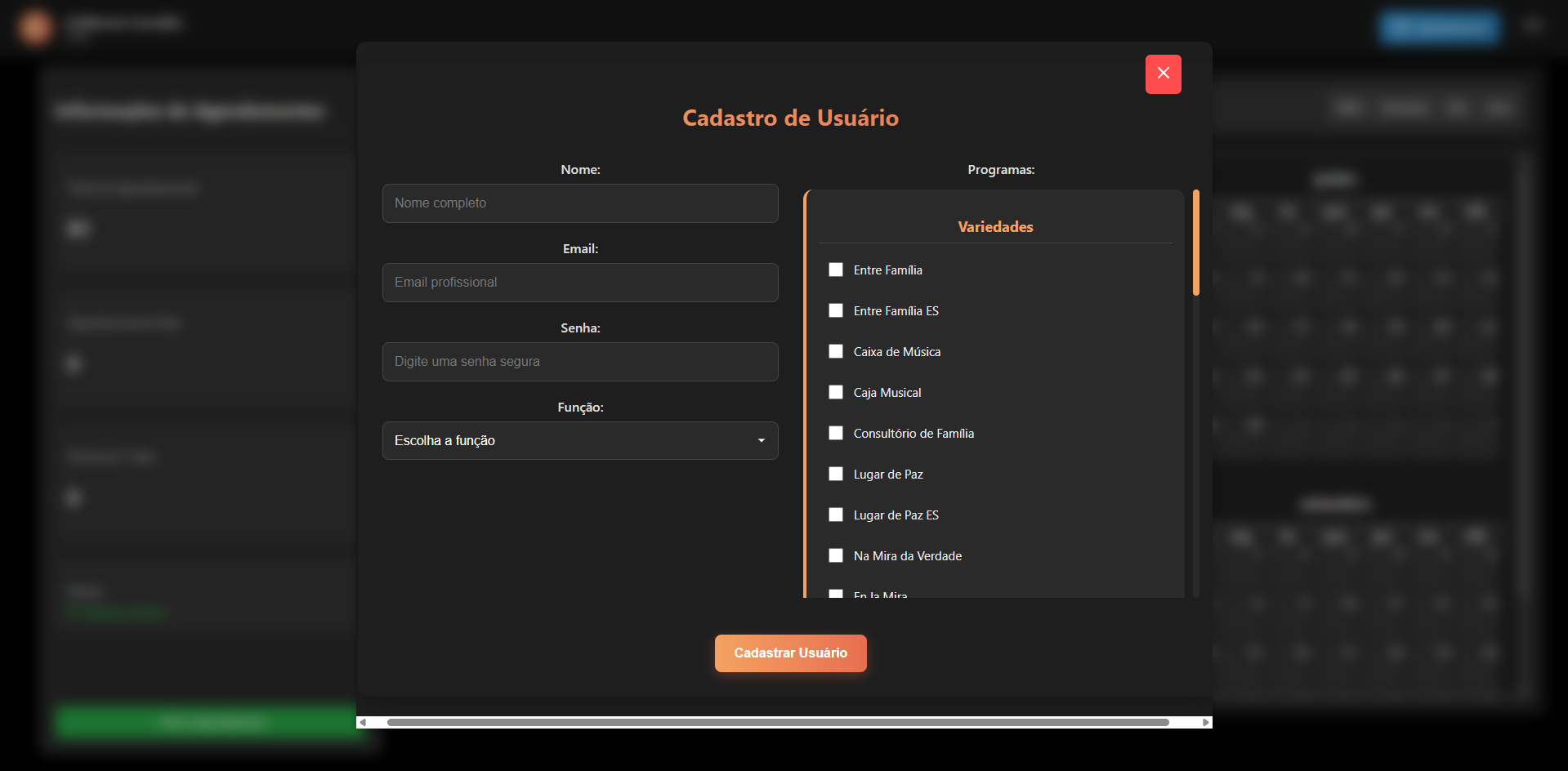 Modal de cadastro de usuários