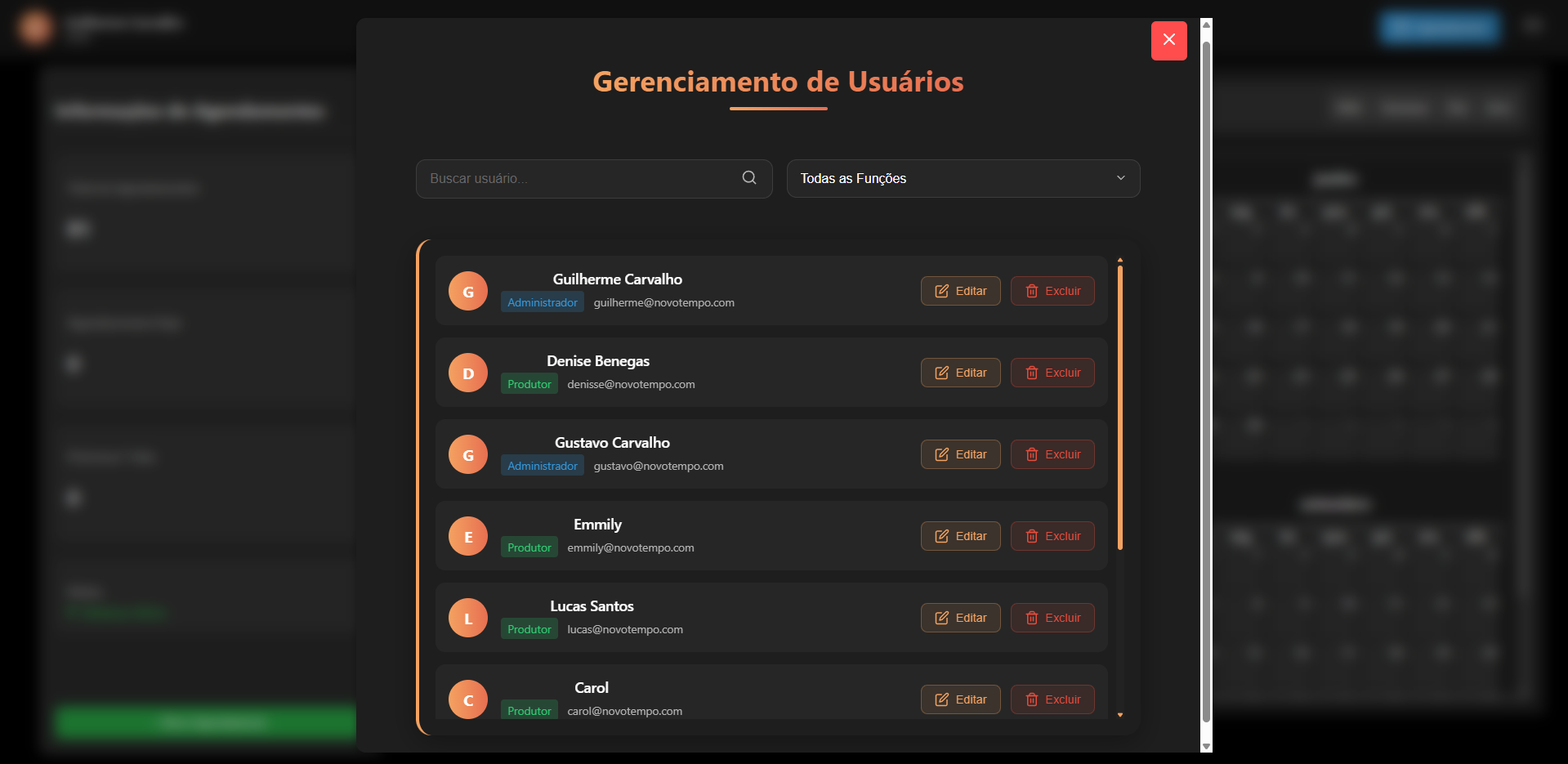 Modal de edição de usuários