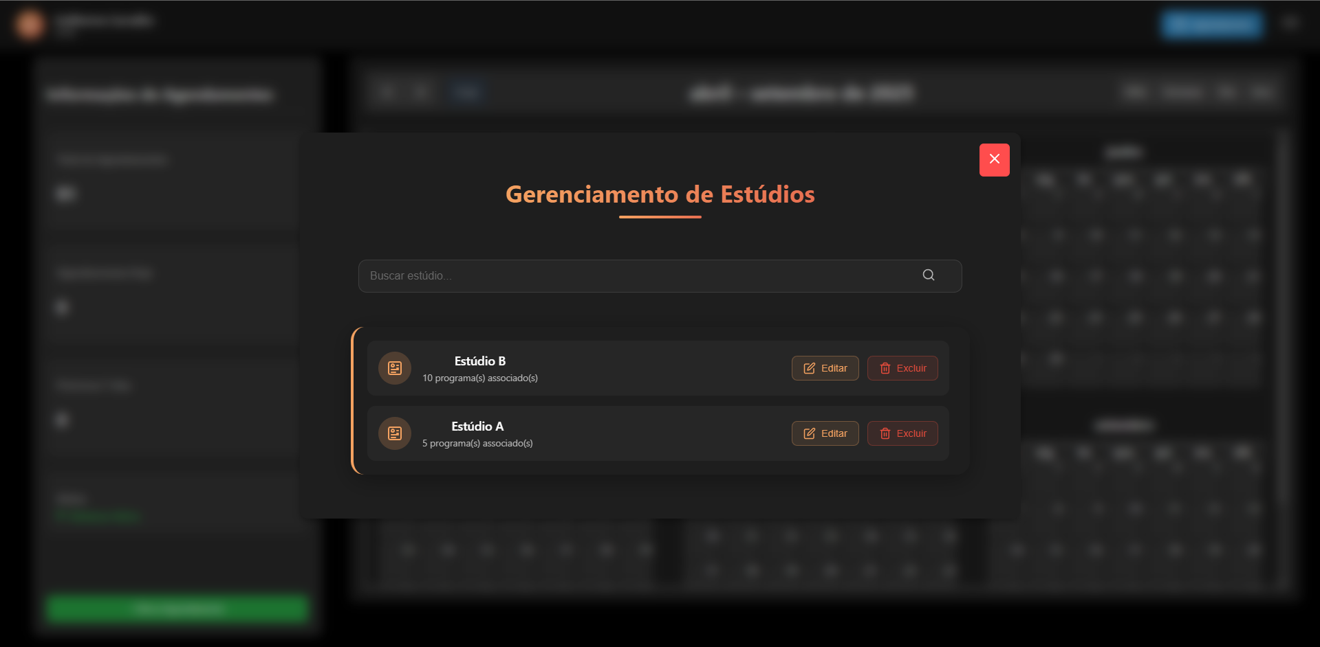 Modal de gerenciamento de Estúdios
