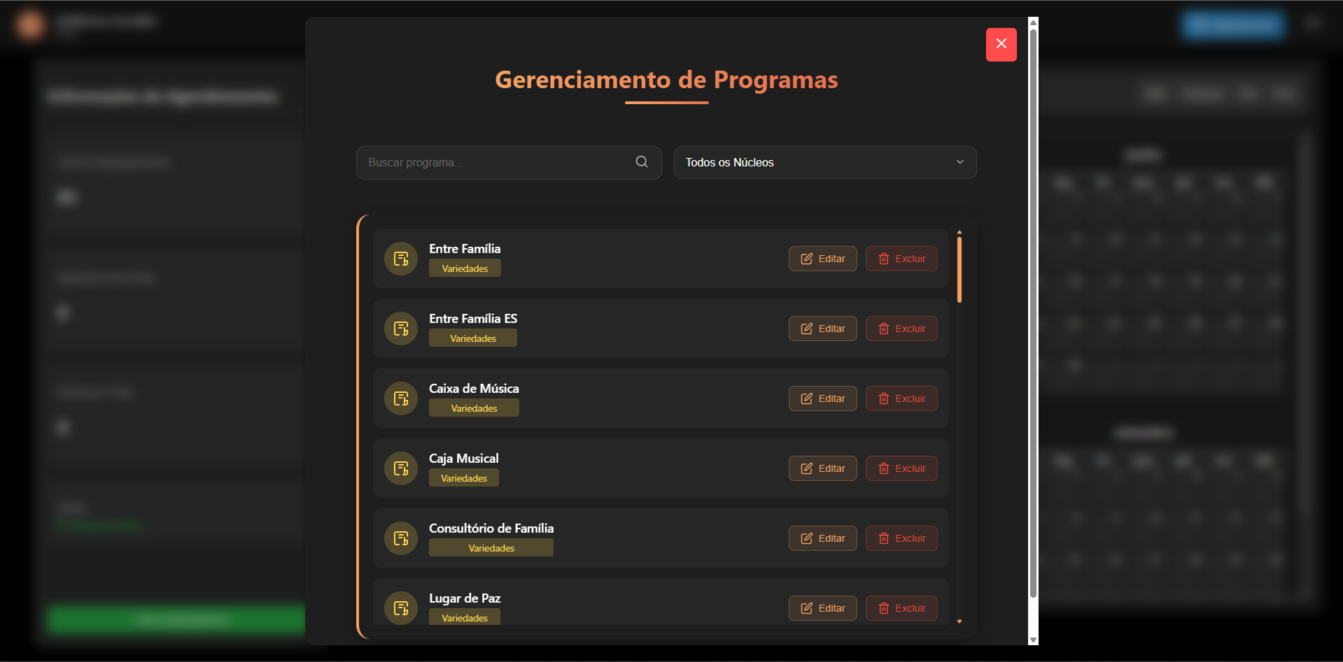 Modal de gerenciamento de Programas